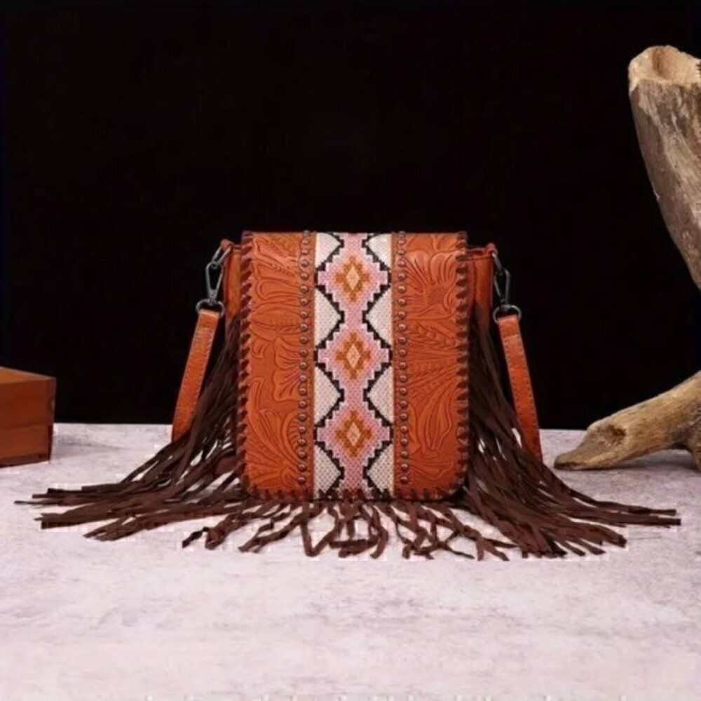 Vintage Bohemian Style Rivet Crossbody Bag, Tassel Aztec Tribal Fringe Purse